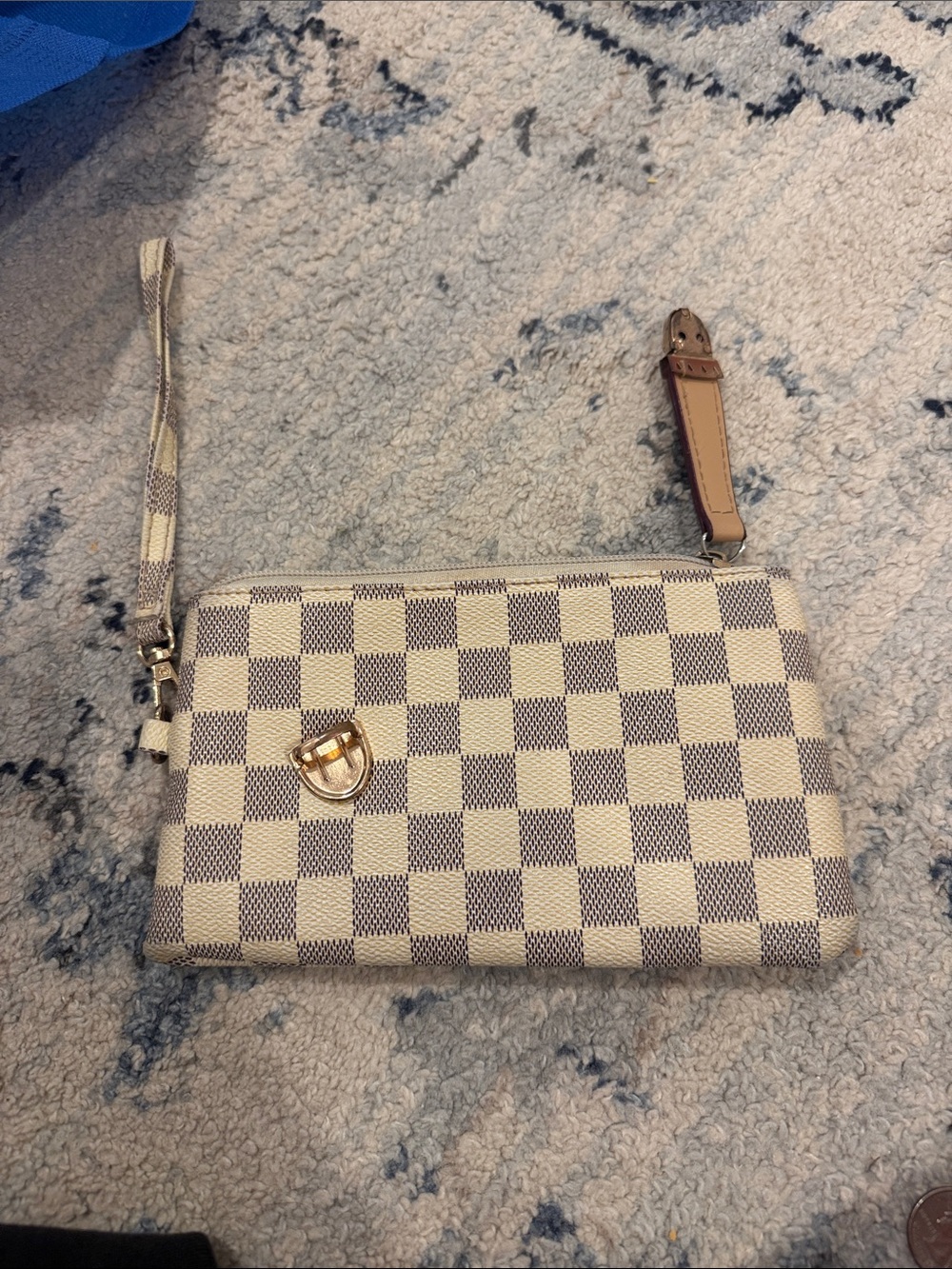 Womens Checkered Wristlet Clutch in Cream and Brown